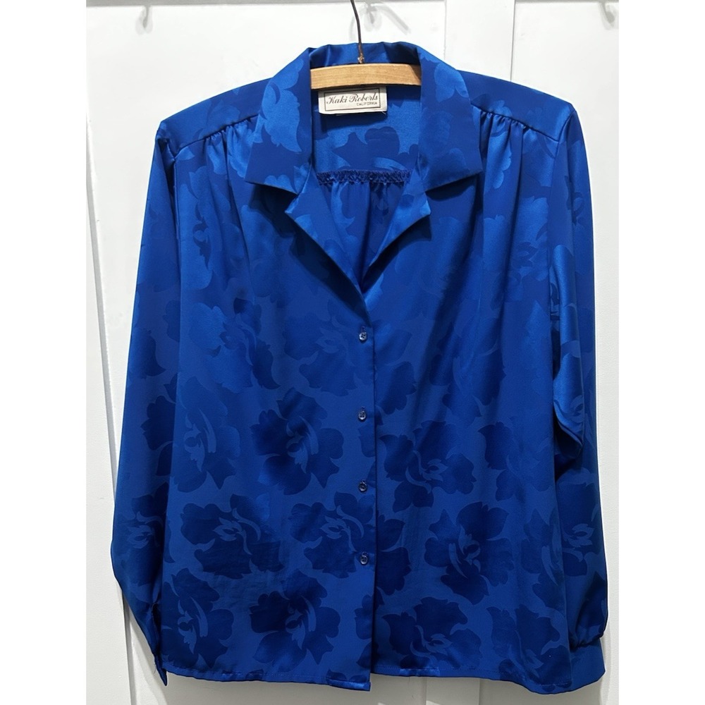 Vintage Kaki Roberts Women's Floral Blouse‎ Blue Size 12 Made in USA 80s 90s